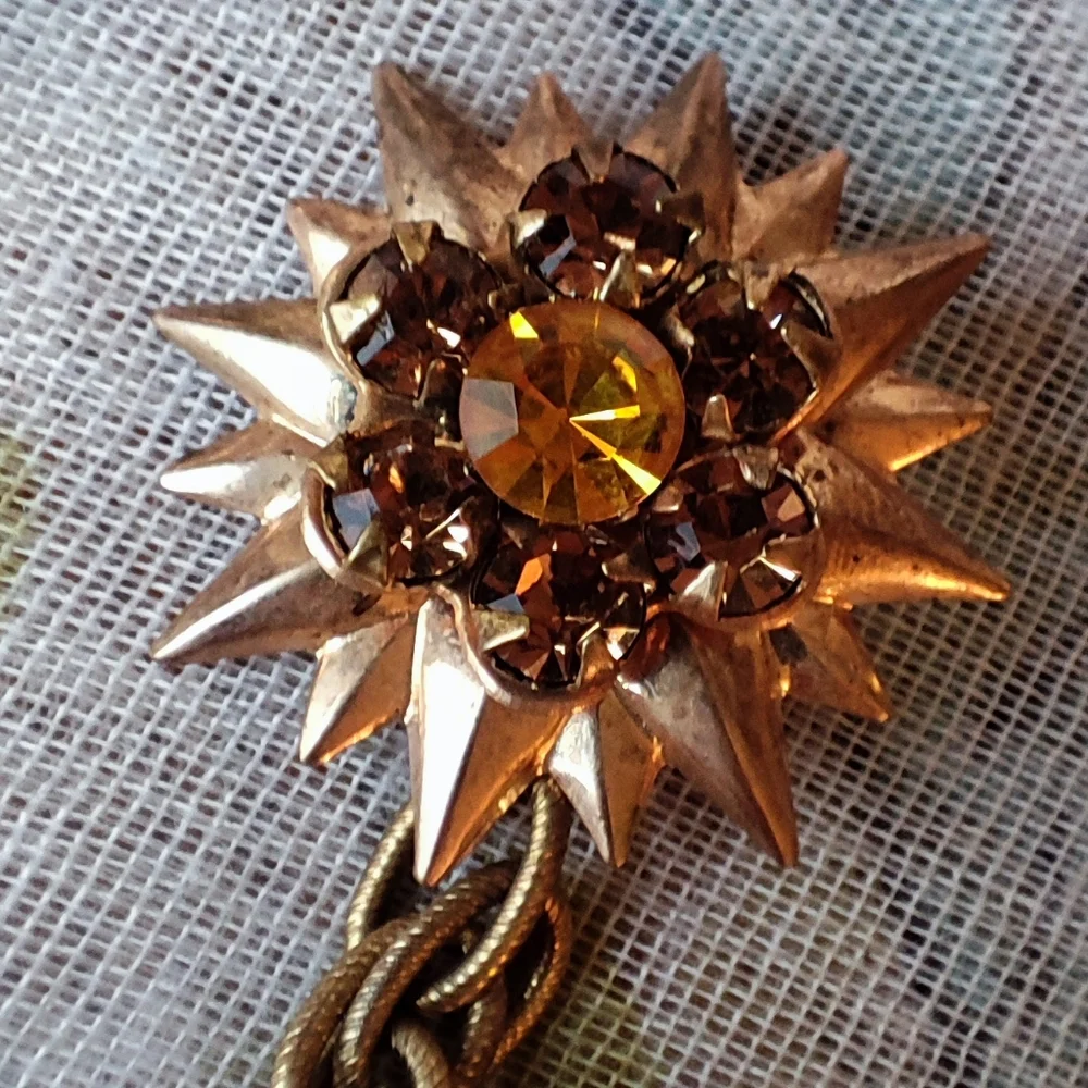 Unisex Vintage Dual Adornment Blazer Pin Brooch Gold Tone Topaz Stones Prong Set